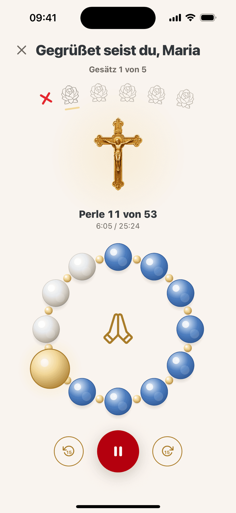 Der Gebets-Vollbildschirm mit Gold-Kreuz, Dekaden-Ring und Perlenzähler
