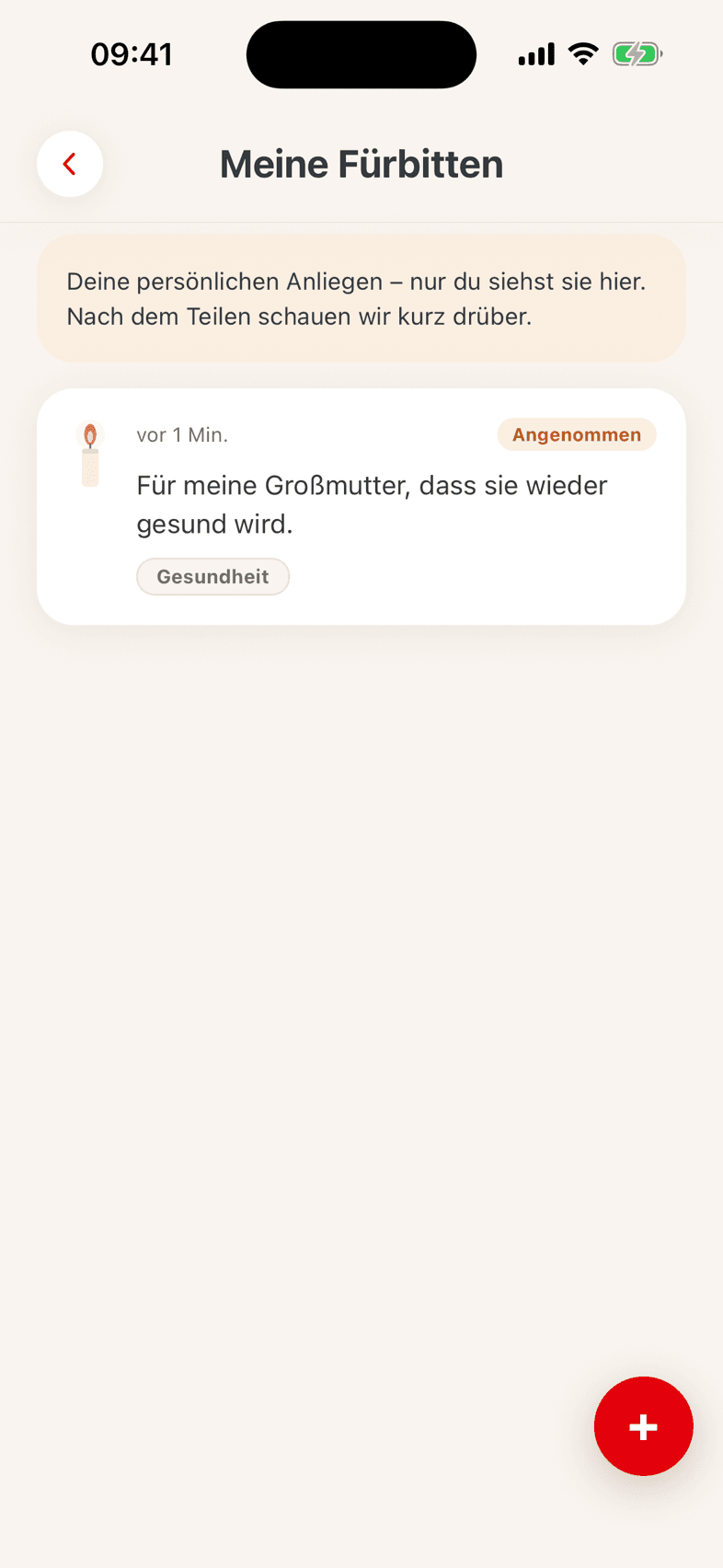 „Meine Fürbitten“ mit einem geteilten Anliegen und dem Vermerk „Angenommen“