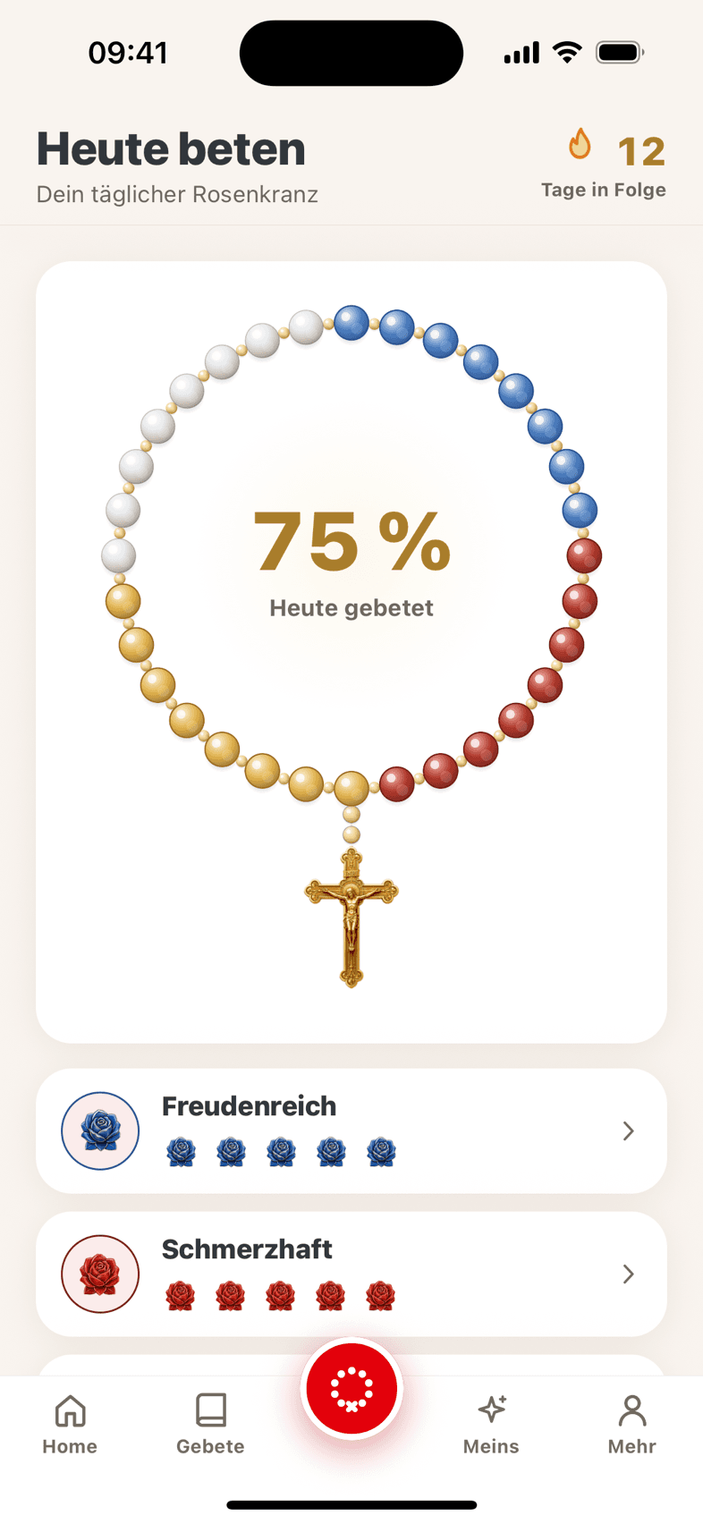 Der Bildschirm „Heute beten“ mit dem Tagesring und den vier Rosenkränzen