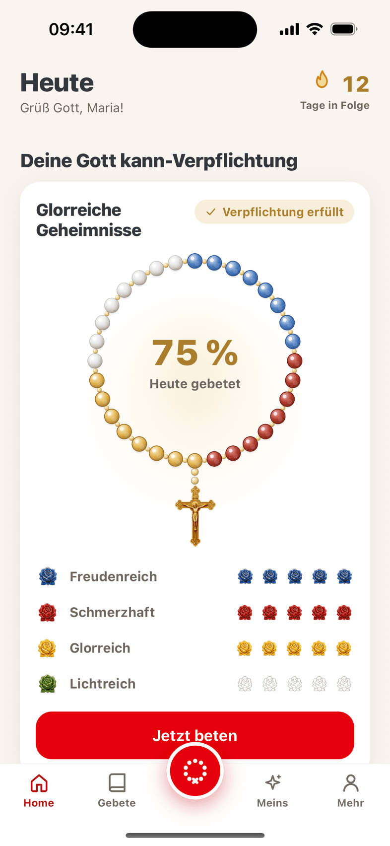 Der Startbildschirm der App mit dem Tagesring und der erfüllten Gott-kann-Verpflichtung